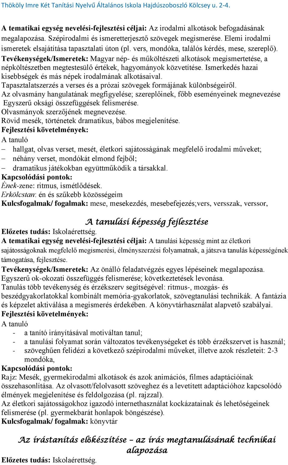 Tevékenységek/Ismeretek: Magyar nép- és műköltészeti alkotások megismertetése, a népköltészetben megtestesülő értékek, hagyományok közvetítése.