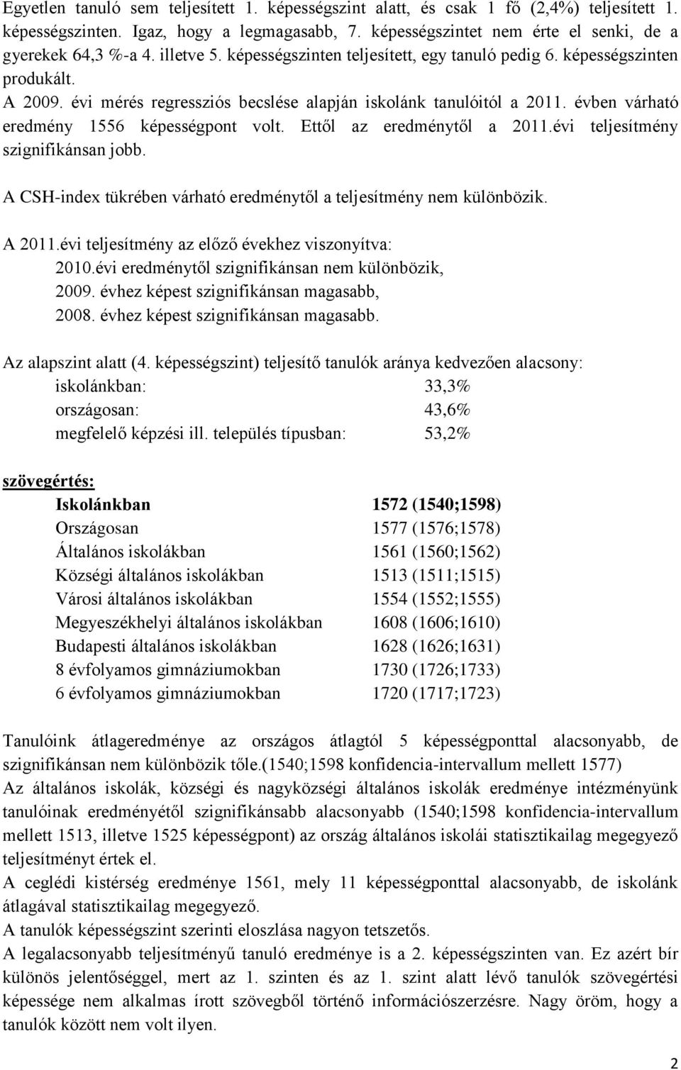 évben várható eredmény 1556 képességpont volt. Ettől az eredménytől a 2011.évi teljesítmény szignifikánsan jobb. A CSH-index tükrében várható eredménytől a teljesítmény nem különbözik. 2009.