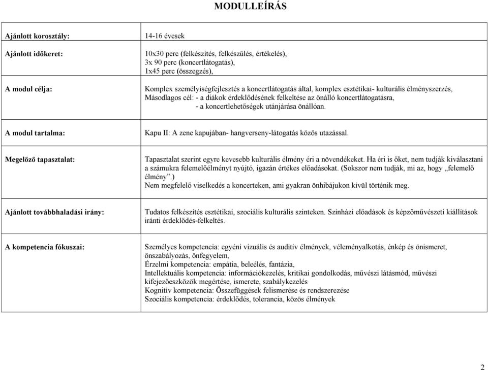 utánjárása önállóan. A modul tartalma: Kapu II: A zene kapujában- hangverseny-látogatás közös utazással. Megelőző tapasztalat: Tapasztalat szerint egyre kevesebb kulturális élmény éri a növendékeket.