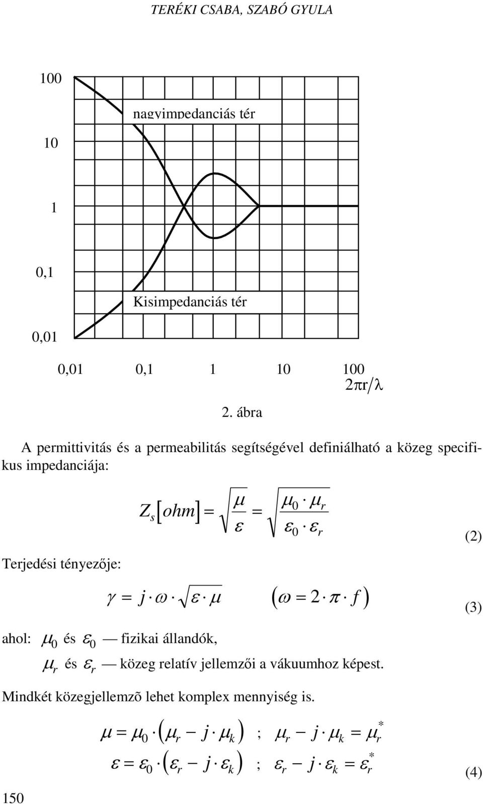 (2) Terjedési tényezője: j μ ( ω = 2 π f ) γ = ω ε (3) ahol: μ 0 és ε 0 fizikai állandók, μ r és ε r közeg relatív jellemzői a