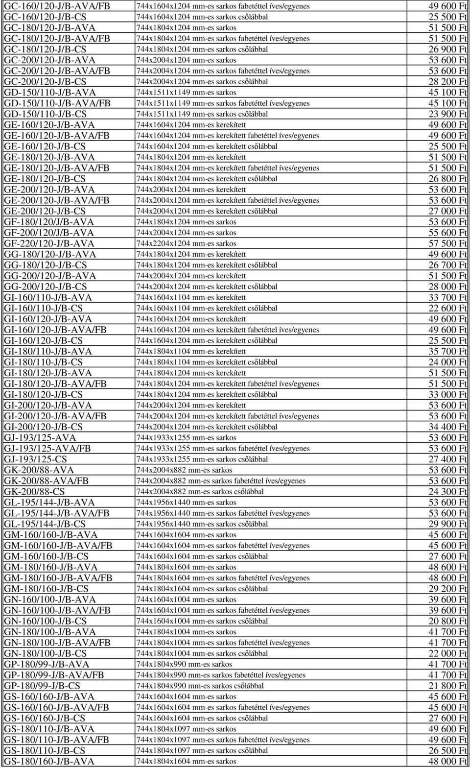 sarkos 53 600 Ft GC-200/120-J/B-AVA/FB 744x2004x1204 mm-es sarkos fabetéttel íves/egyenes 53 600 Ft GC-200/120-J/B-CS 744x2004x1204 mm-es sarkos csılábbal 28 200 Ft GD-150/110-J/B-AVA 744x1511x1149