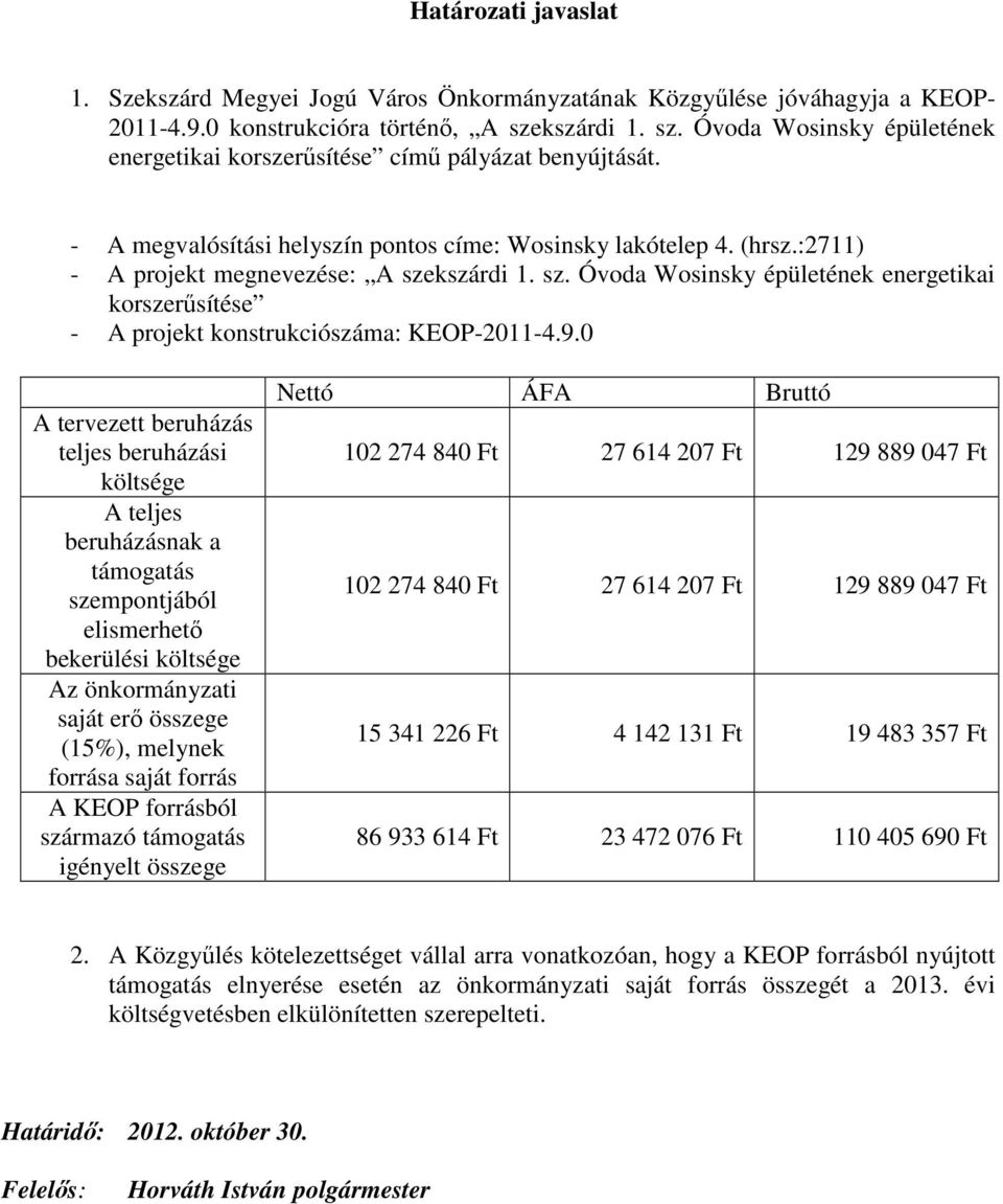 :2711) - A projekt megnevezése: A szekszárdi 1. sz. Óvoda Wosinsky épületének energetikai korszerősítése - A projekt konstrukciószáma: KEOP-2011-4.9.