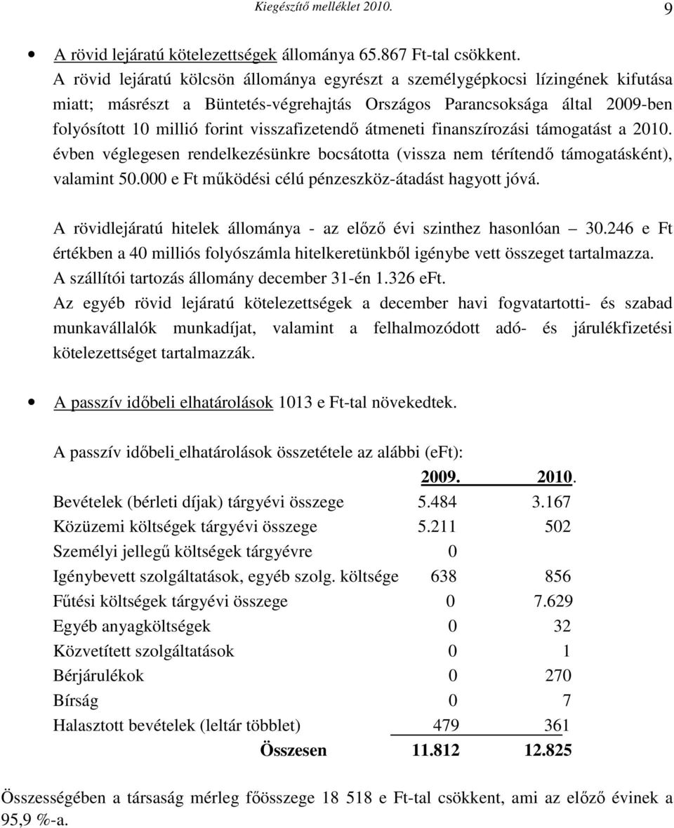 visszafizetendı átmeneti finanszírozási támogatást a 2010. évben véglegesen rendelkezésünkre bocsátotta (vissza nem térítendı támogatásként), valamint 50.