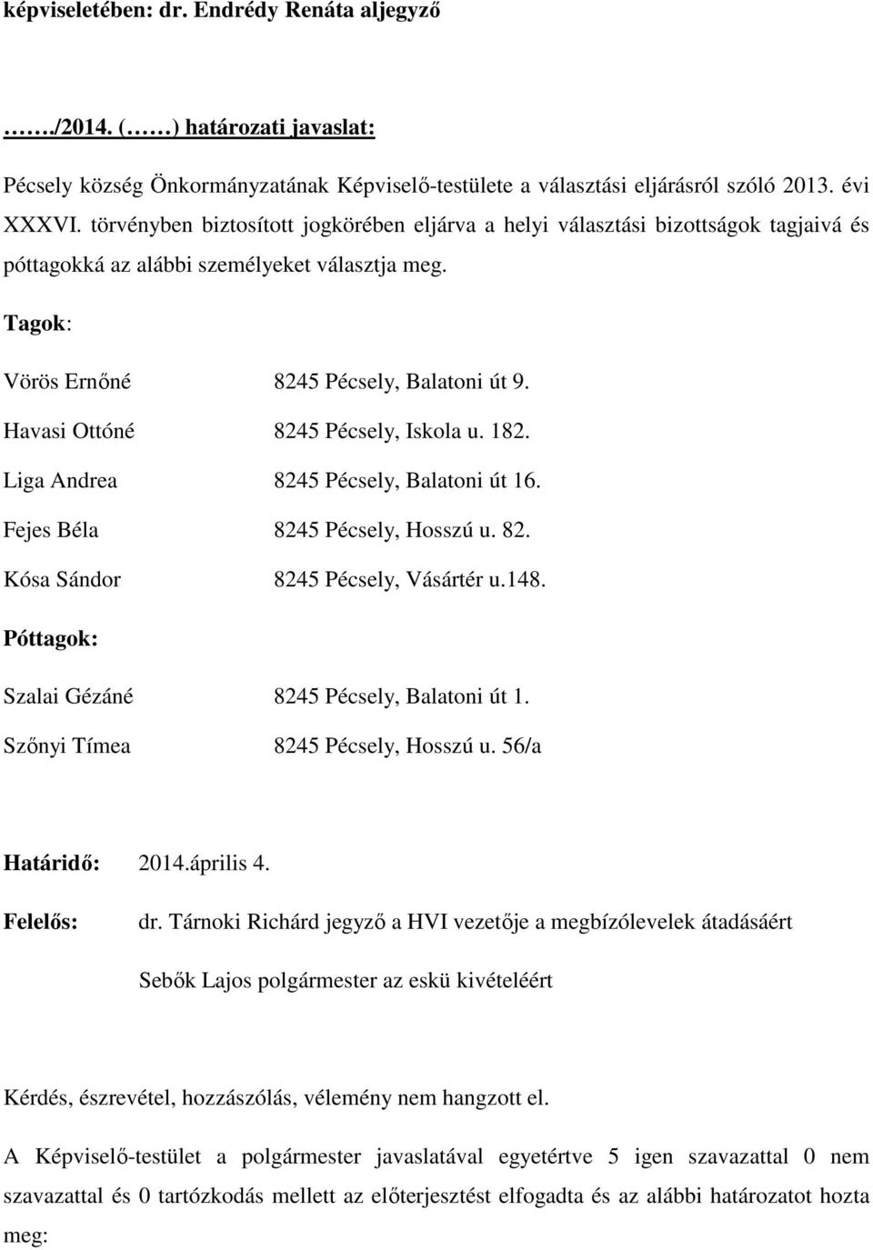 Havasi Ottóné 8245 Pécsely, Iskola u. 182. Liga Andrea 8245 Pécsely, Balatoni út 16. Fejes Béla 8245 Pécsely, Hosszú u. 82. Kósa Sándor 8245 Pécsely, Vásártér u.148.