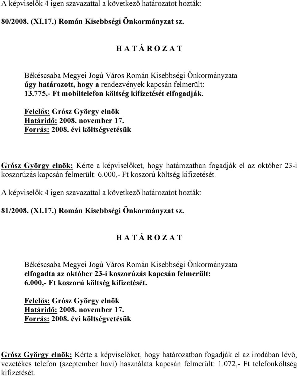 81/2008. (XI.17.) Román Kisebbségi Önkormányzat sz. elfogadta az október 23-i koszorúzás kapcsán felmerült: 6.000,- Ft koszorú költség kifizetését. Forrás: 2008.