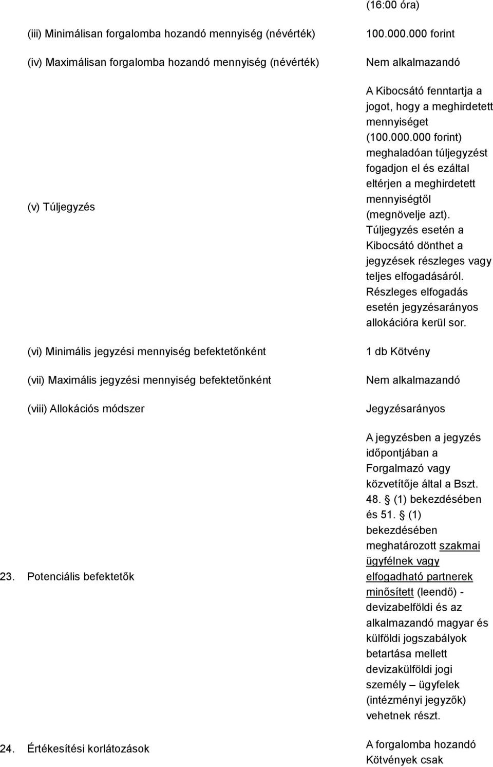 000 forint A Kibocsátó fenntartja a jogot, hogy a meghirdetett mennyiséget (100.000.000 forint) meghaladóan túljegyzést fogadjon el és ezáltal eltérjen a meghirdetett mennyiségtől (megnövelje azt).