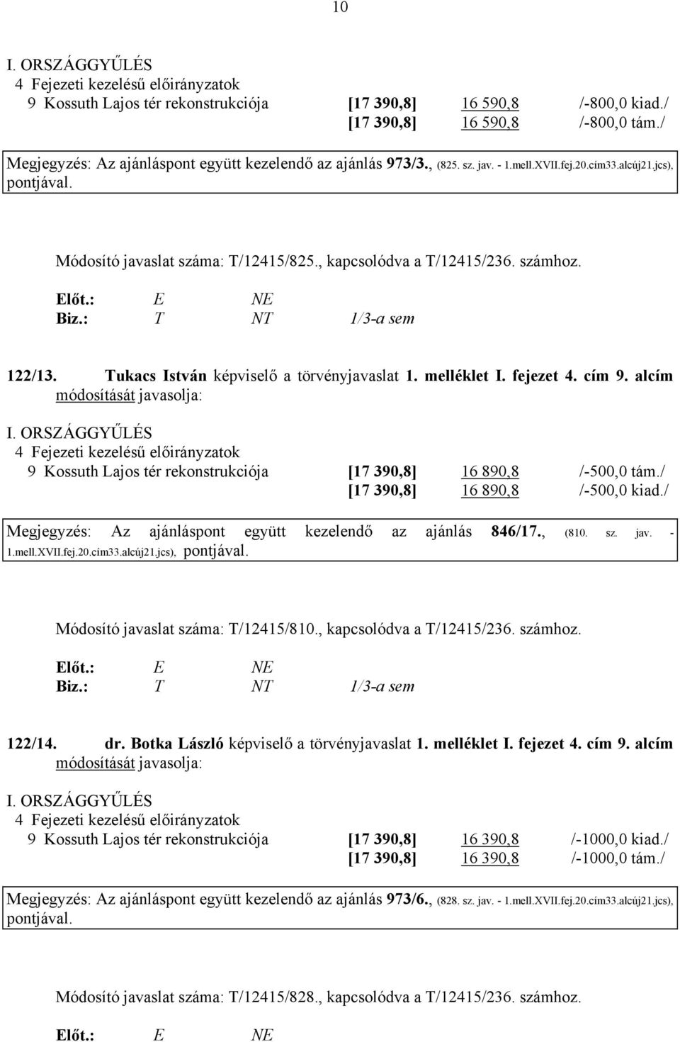 122/13. Tukacs István képviselő a törvényjavaslat 1. melléklet I. fejezet 4. cím 9. alcím módosítását javasolja: I.