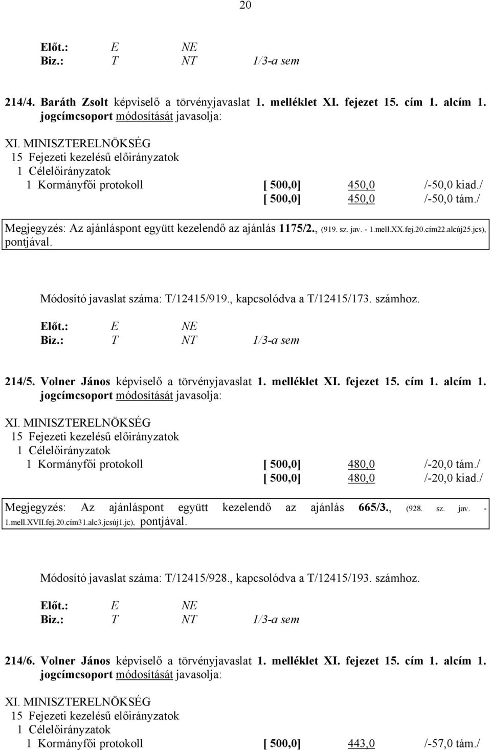 / Megjegyzés: Az ajánláspont együtt kezelendő az ajánlás 1175/2., (919. sz. jav. - 1.mell.XX.fej.20.cím22.alcúj25.jcs), Módosító javaslat száma: T/12415/919., kapcsolódva a T/12415/173. számhoz.