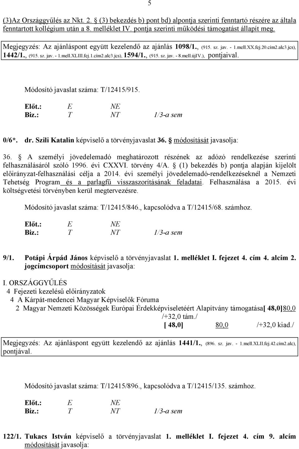 mell.újIV.), pontjaival. Módosító javaslat száma: T/12415/915. 0/6*. dr. Szili Katalin képviselő a törvényjavaslat 36. módosítását javasolja: 36.