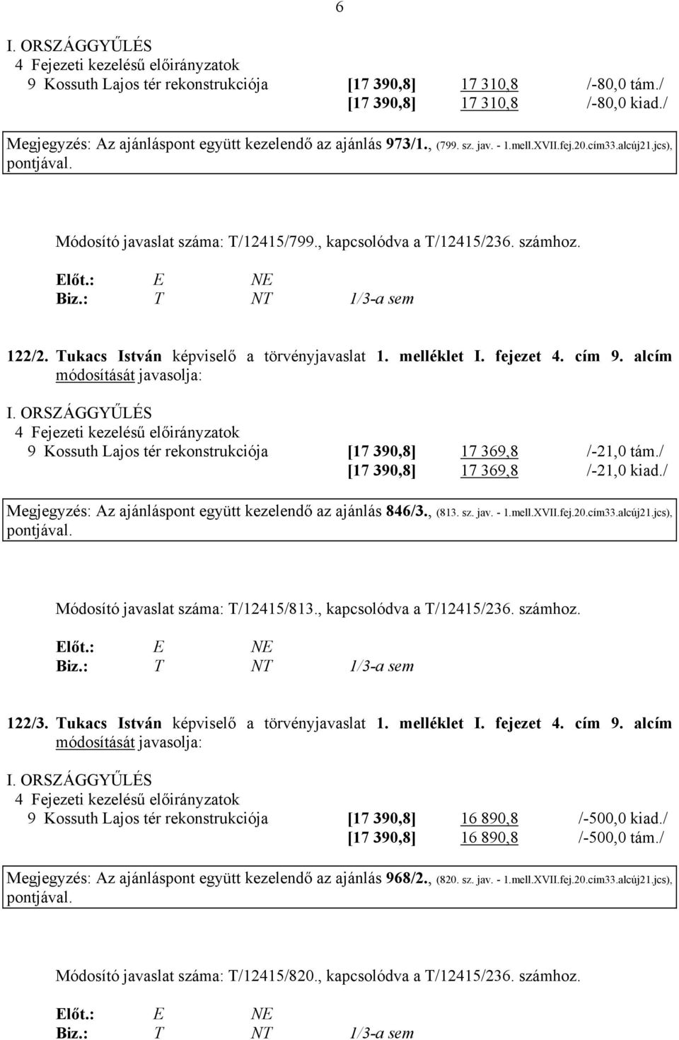 122/2. Tukacs István képviselő a törvényjavaslat 1. melléklet I. fejezet 4. cím 9. alcím módosítását javasolja: I.