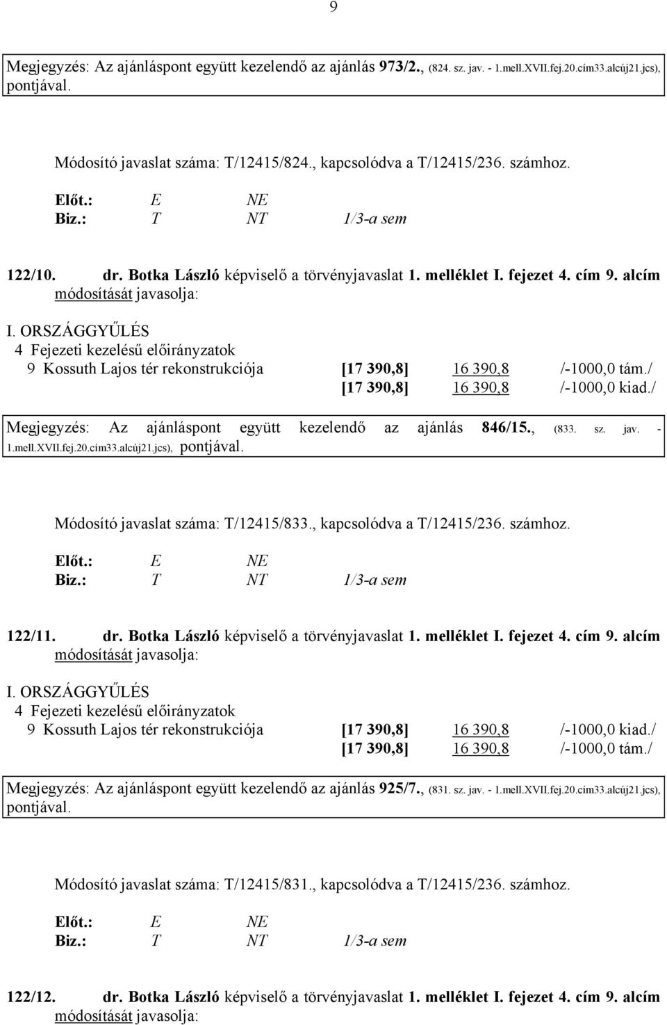 ORSZÁGGYŰLÉS 4 Fejezeti kezelésű előirányzatok 9 Kossuth Lajos tér rekonstrukciója [17 390,8] 16 390,8 /-1000,0 tám./ [17 390,8] 16 390,8 /-1000,0 kiad.