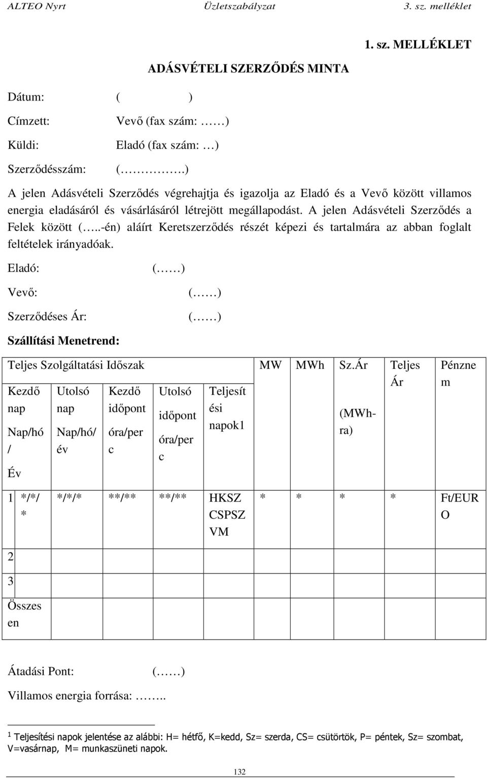 .-én) aláírt Keretszerződés részét képezi és tartalmára az abban foglalt feltételek irányadóak. Eladó: ( ) Vevő: Szerződéses Ár: ( ) ( ) Szállítási Menetrend: Teljes Szolgáltatási Időszak MW MWh Sz.