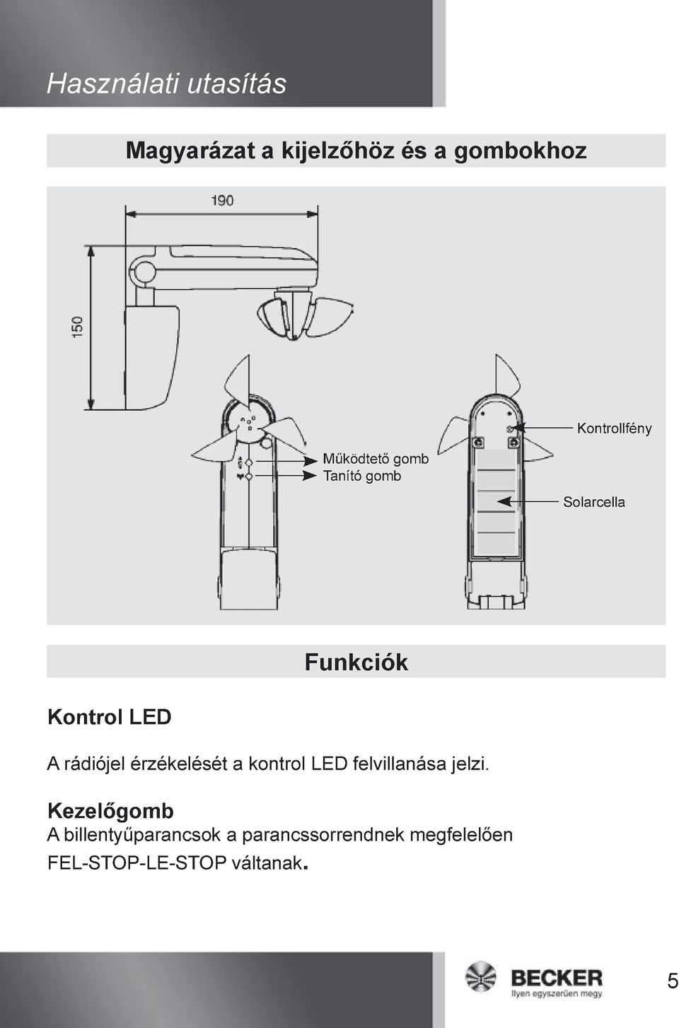 LED A rádiójel érzékelését a kontrol LED felvillanása jelzi.
