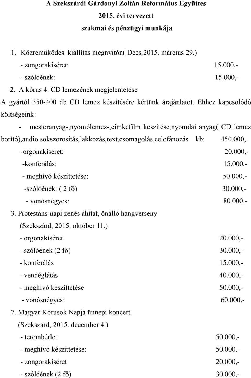 Ehhez kapcsolódó költségeink: - mesteranyag-,nyomólemez-,címkefilm készítése,nyomdai anyag( CD lemez borító),audio sokszorosítás,lakkozás,text,csomagolás,celofánozás kb: 450.000,. -orgonakíséret: 20.