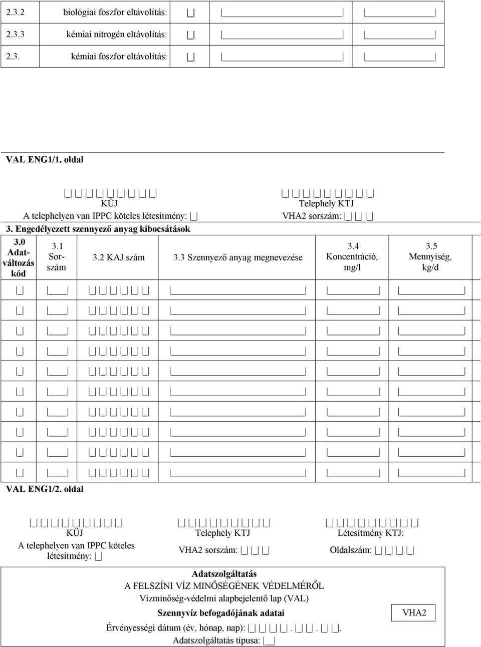 3 Szennyező anyag megnevezése Telephely KTJ VHA2 sorszám: 3.4 Koncentráció, mg/l 3.5 Mennyiség, kg/d VAL ENG1/2.