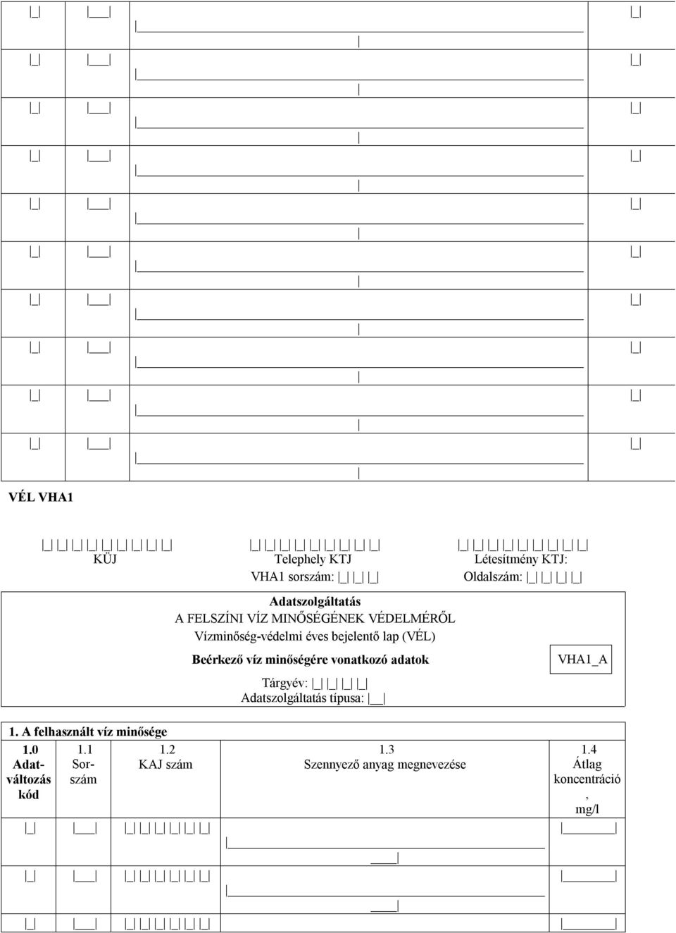 Vízminőség-védelmi éves bejelentő lap (VÉL) Beérkező víz minőségére vonatkozó adatok Tárgyév: