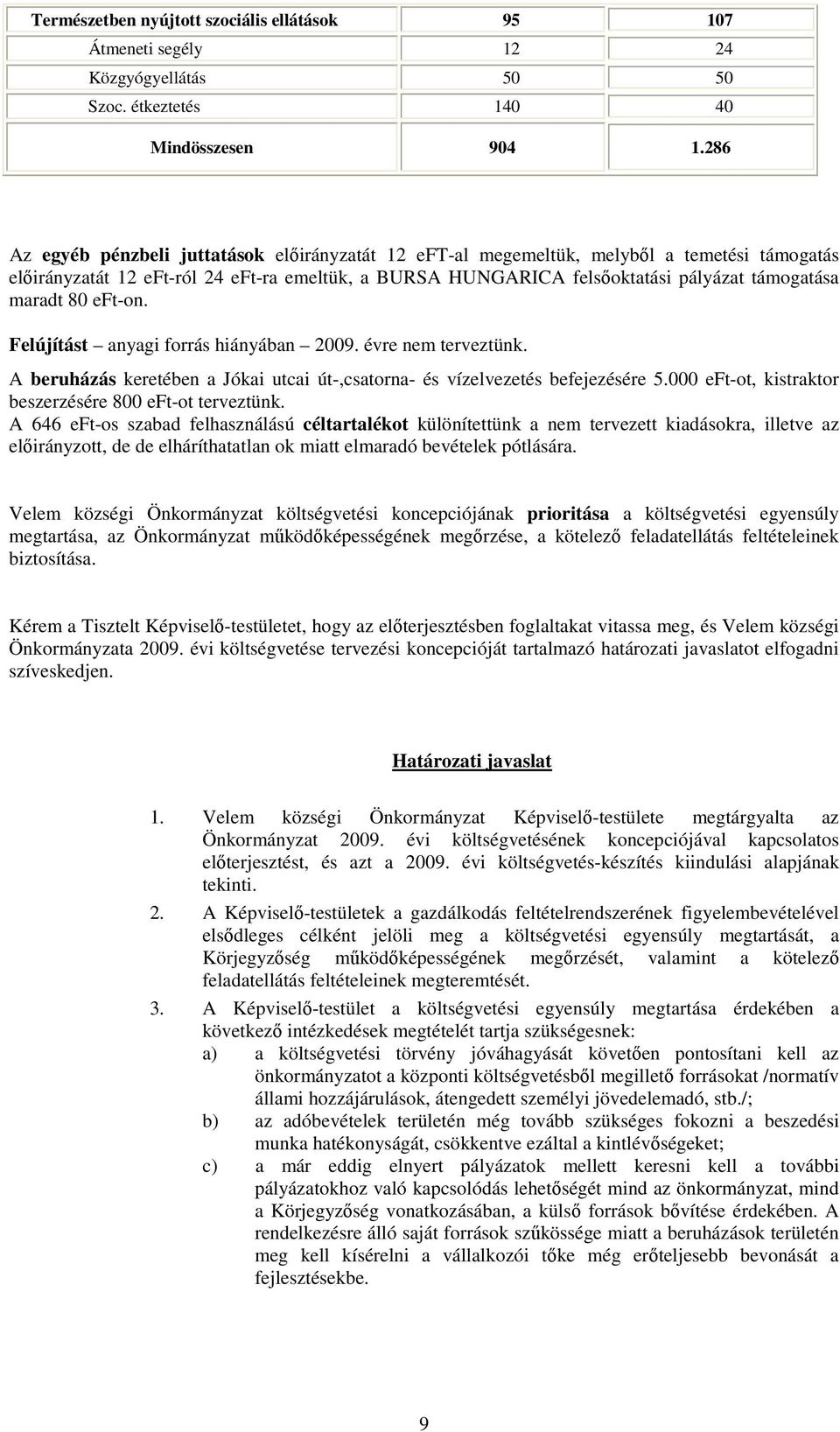 maradt 80 eft-on. Felújítást anyagi forrás hiányában 2009. évre nem terveztünk. A beruházás keretében a Jókai utcai út-,csatorna- és vízelvezetés befejezésére 5.