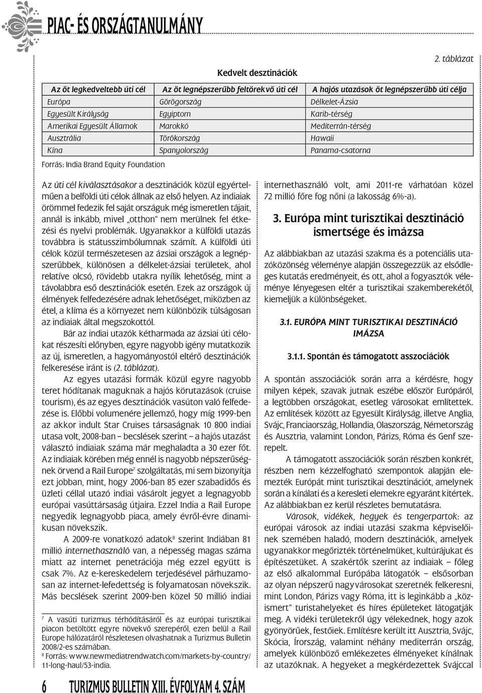 Amerikai Egyesült Államok Marokkó Mediterrán-térség Ausztrália Törökország Hawaii Kína Spanyolország Panama-csatorna Forrás: India Brand Equity Foundation Az úti cél kiválasztásakor a desztinációk