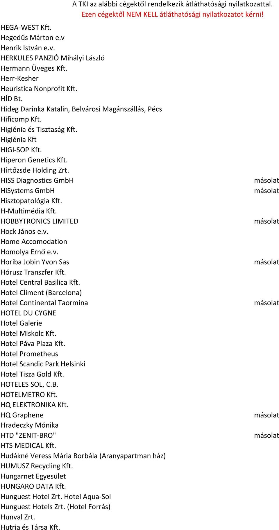 HISS Diagnostics GmbH HiSystems GmbH Hisztopatológia Kft. H-Multimédia Kft. HOBBYTRONICS LIMITED Hock János e.v. Home Accomodation Homolya Ernő e.v. Horiba Jobin Yvon Sas Hórusz Transzfer Kft.