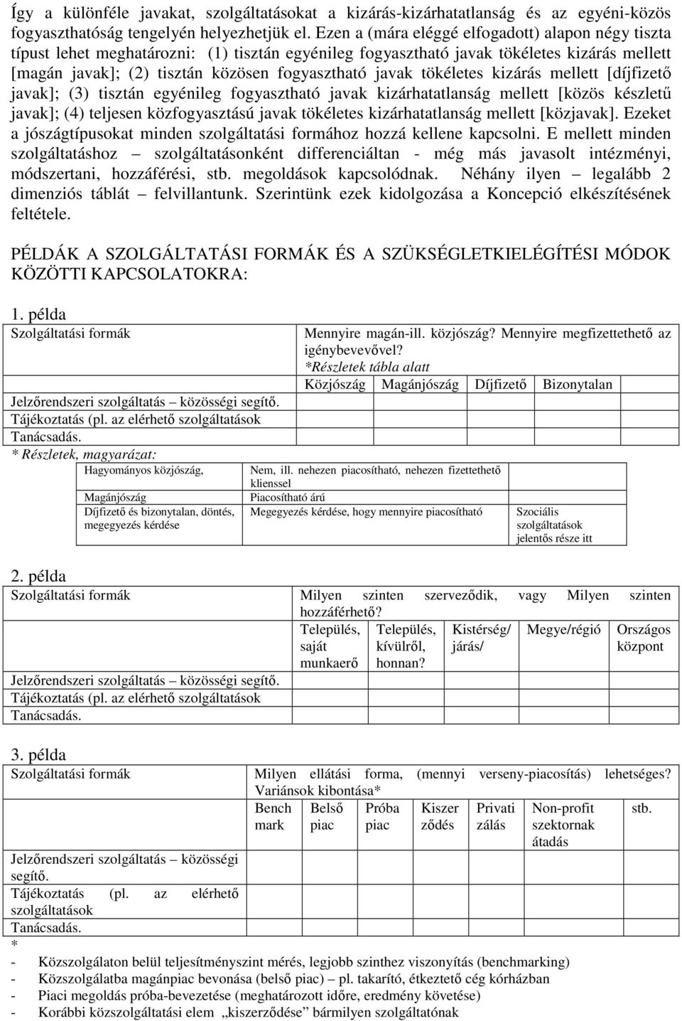 tökéletes kizárás mellett [díjfizető javak]; (3) tisztán egyénileg fogyasztható javak kizárhatatlanság mellett [közös készletű javak]; (4) teljesen közfogyasztású javak tökéletes kizárhatatlanság