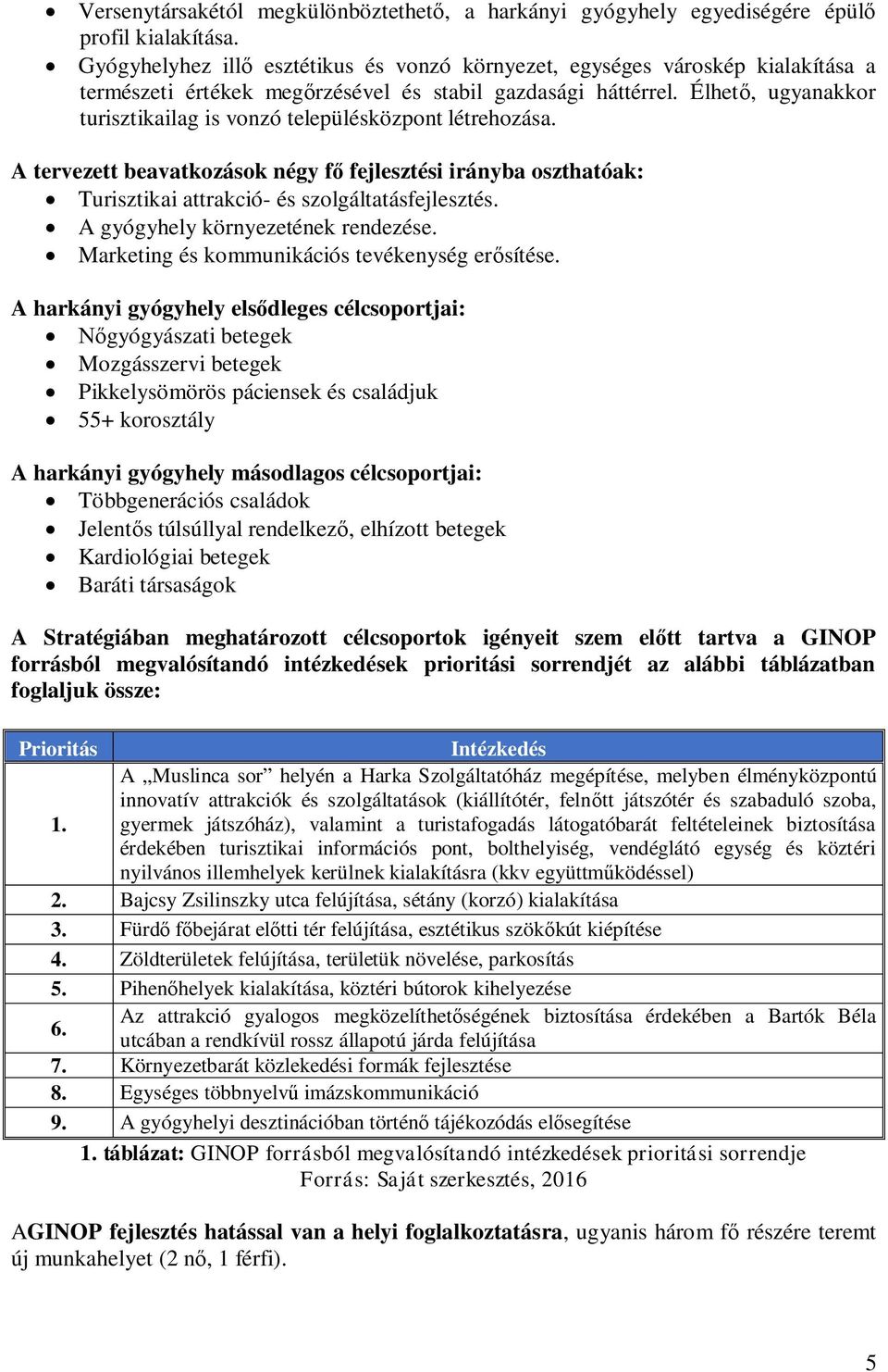 Élhető, ugyanakkor turisztikailag is vonzó településközpont létrehozása. A tervezett beavatkozások négy fő fejlesztési irányba oszthatóak: Turisztikai attrakció- és szolgáltatásfejlesztés.