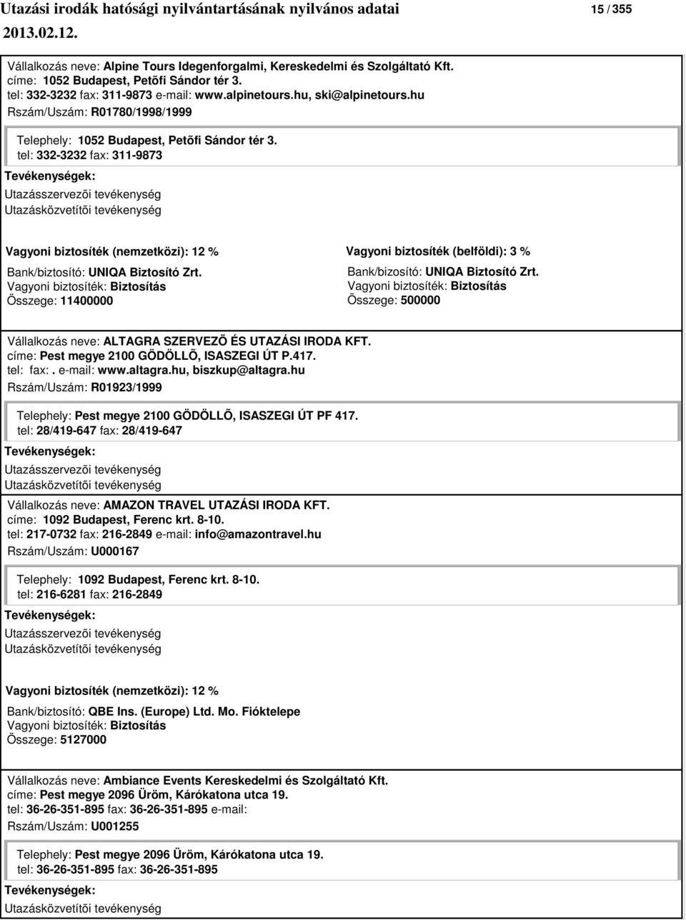 Összege: 11400000 Bank/bizosító: UNIQA Biztosító Zrt. Vállalkozás neve: ALTAGRA SZERVEZÕ ÉS UTAZÁSI IRODA KFT. címe: Pest megye 2100 GÖDÖLLÕ, ISASZEGI ÚT P.417. tel: fax:. e-mail: www.altagra.