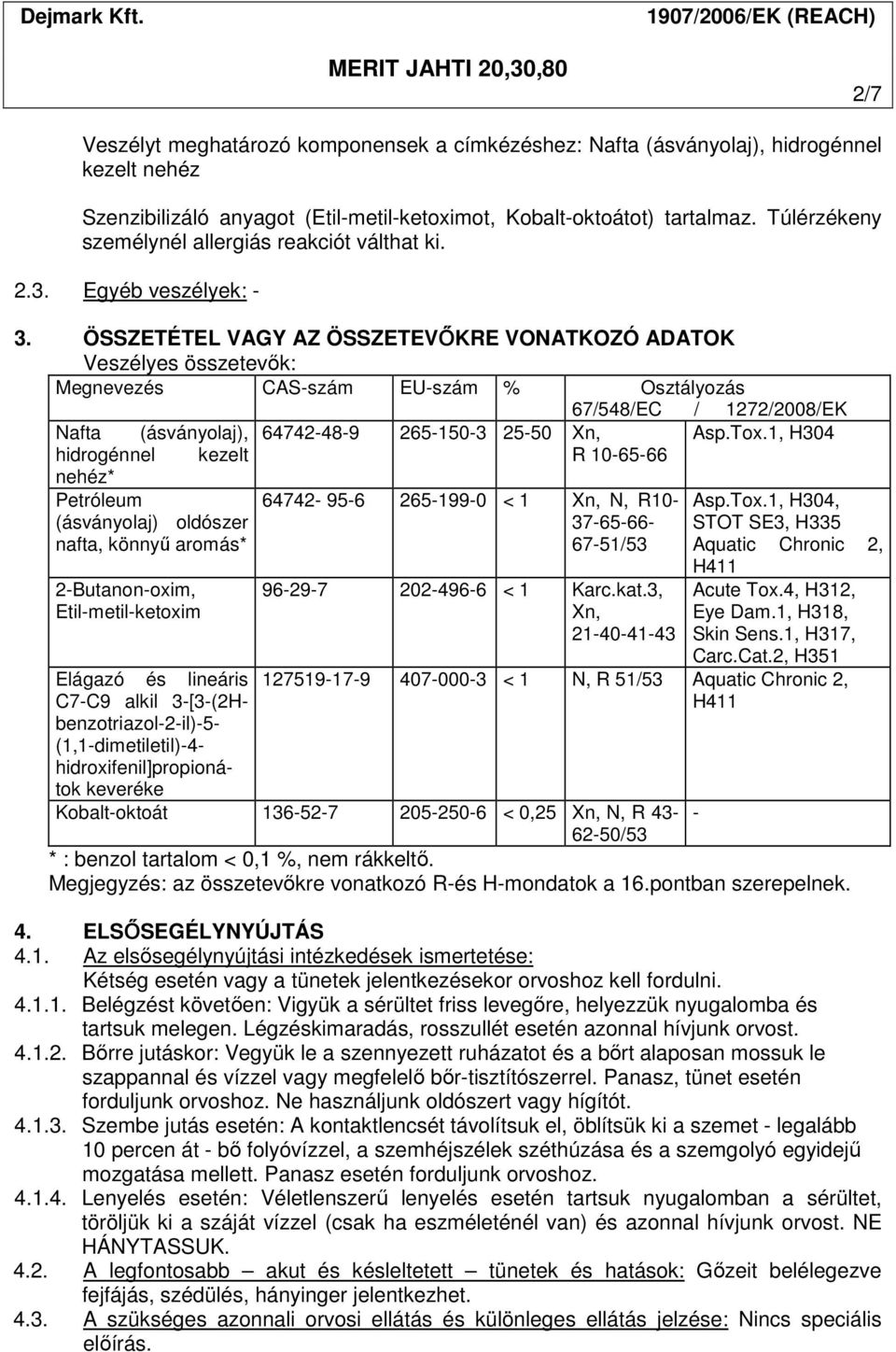 ÖSSZETÉTEL VAGY AZ ÖSSZETEVŐKRE VONATKOZÓ ADATOK Veszélyes összetevők: Megnevezés CAS-szám EU-szám % Osztályozás Nafta (ásványolaj), hidrogénnel kezelt nehéz* Petróleum (ásványolaj) oldószer nafta,