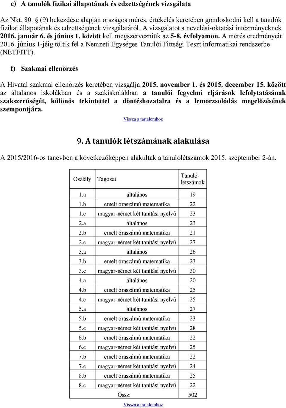 január 6. és június 1. között kell megszervezniük az 5-8. évfolyamon. A mérés eredményeit 2016. június 1-jéig töltik fel a Nemzeti Egységes Tanulói Fittségi Teszt informatikai rendszerbe (NETFITT).