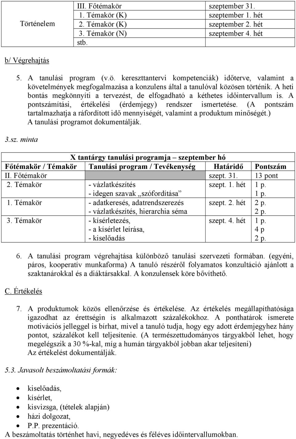 (A pontszám tartalmazhatja a ráfordított idő mennyiségét, valamint a produktum minőségét.) A tanulási programot dokumentálják. 3.sz. minta X tantárgy tanulási programja szeptember hó Főtémakör / Témakör Tanulási program / Tevékenység Határidő Pontszám II.