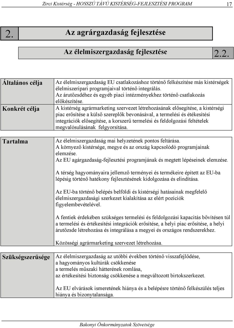 2. Általános célja Konkrét célja Tartalma Az élelmiszergazdaság EU csatlakozáshoz történő felkészítése más kistérségek élelmiszeripari programjaival történő integrálás.