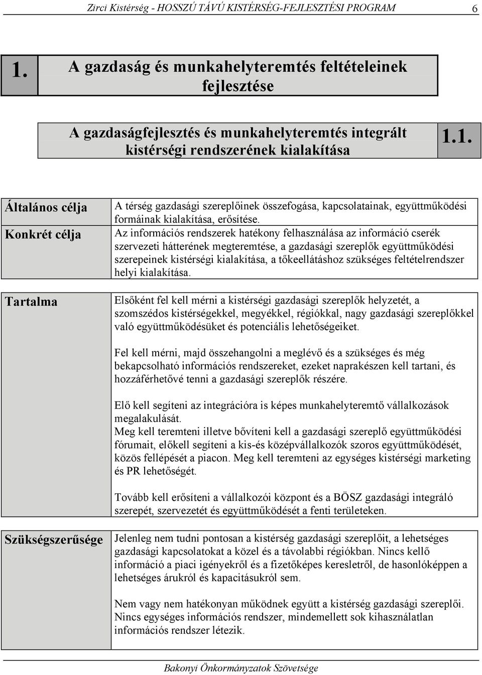 1. Általános célja Konkrét célja Tartalma A térség gazdasági szereplőinek összefogása, kapcsolatainak, együttműködési formáinak kialakítása, erősítése.