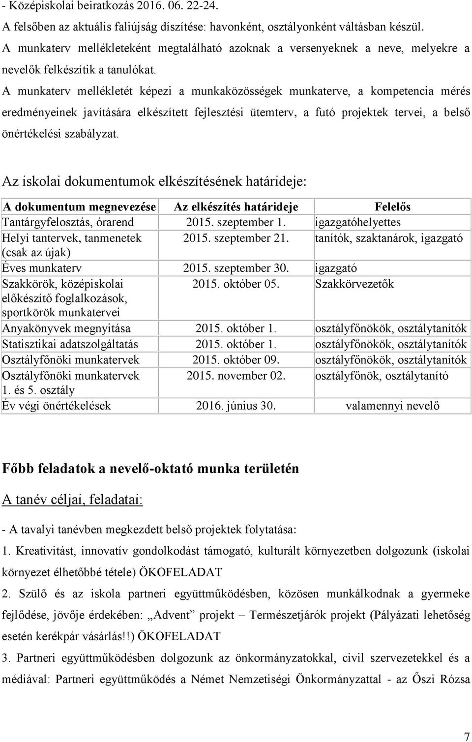 A munkaterv mellékletét képezi a munkaközösségek munkaterve, a kompetencia mérés eredményeinek javítására elkészített fejlesztési ütemterv, a futó projektek tervei, a belső önértékelési szabályzat.