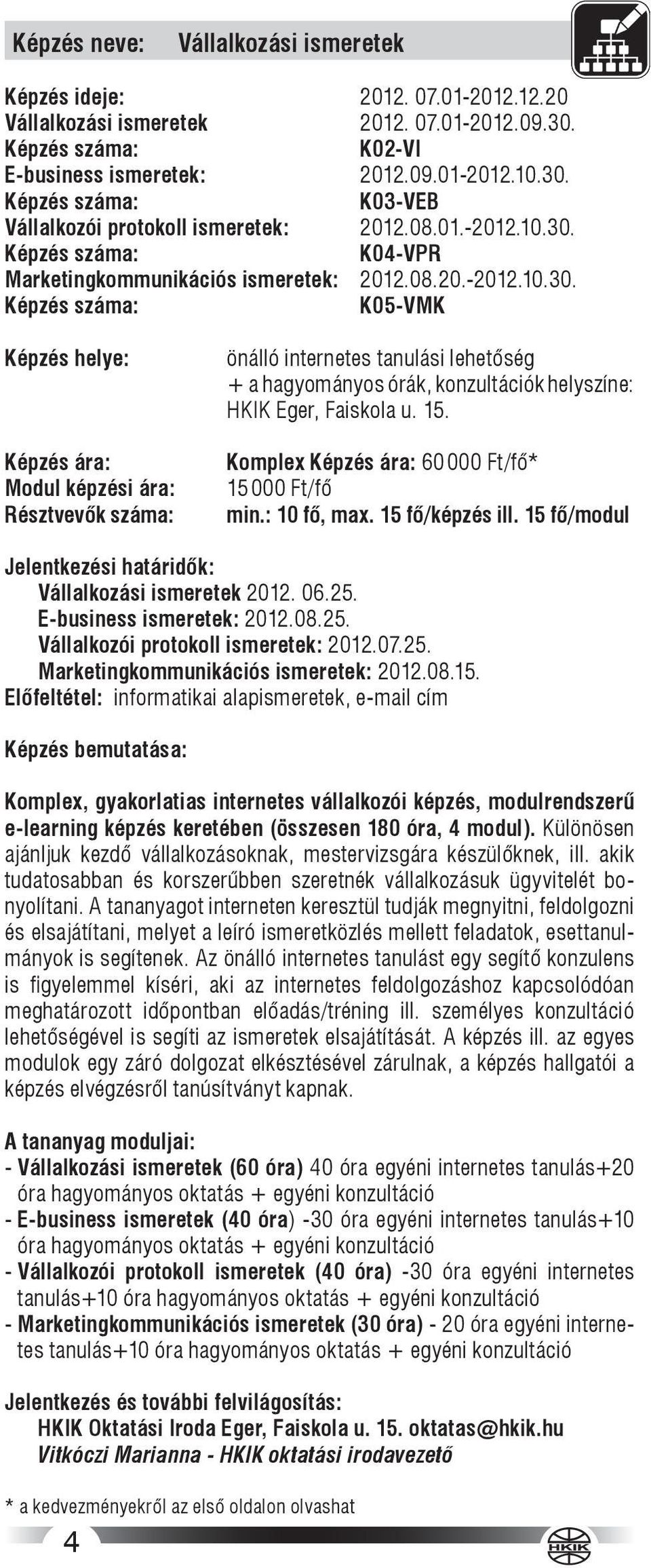 Képzés száma: K04-VPR Marketingkommunikációs ismeretek: 2012.08.20.-2012.10.30.