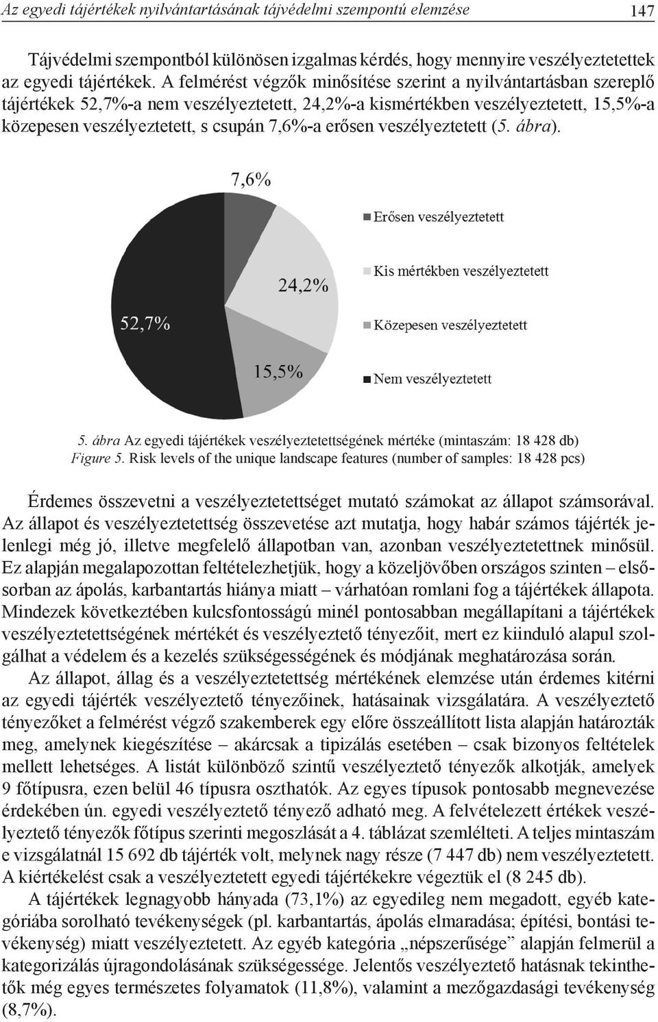 erősen veszélyeztetett (5. ábra). 5. ábra Az egyedi tájértékek veszélyeztetettségének mértéke (mintaszám: 18 428 db) Figure 5.