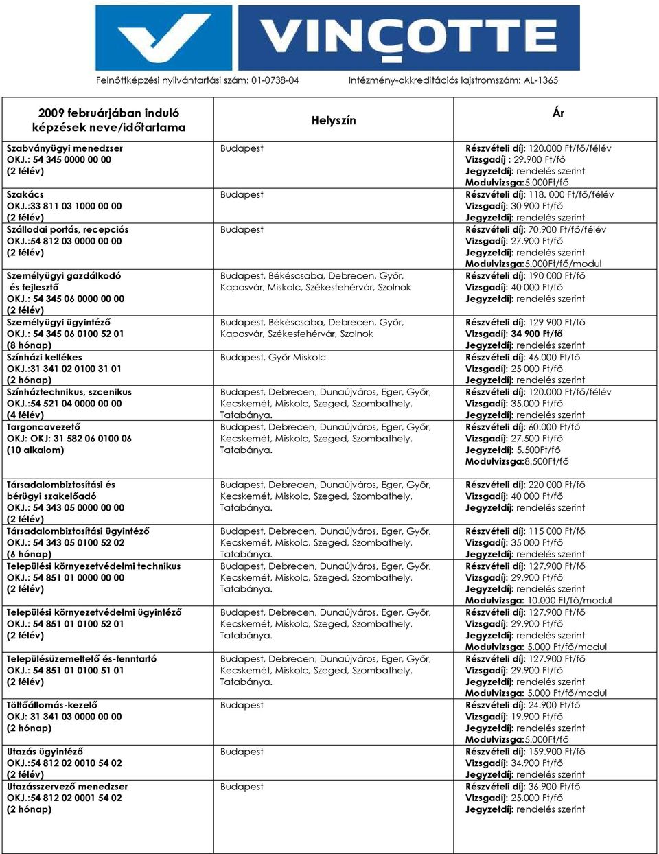 :54 521 04 0000 00 00 (4 félév) Targoncavezetı OKJ: OKJ: 31 582 06 0100 06 (10 alkalom) Társadalombiztosítási és bérügyi szakelıadó OKJ.: 54 343 05 0000 00 00 Társadalombiztosítási ügyintézı OKJ.