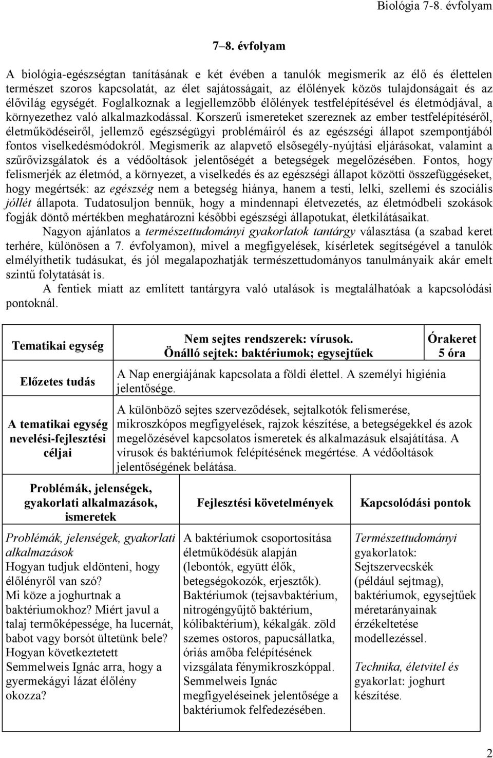 Korszerű et szereznek az ember testfelépítéséről, életműködéseiről, jellemző egészségügyi problémáiról és az egészségi állapot szempontjából fontos viselkedésmódokról.