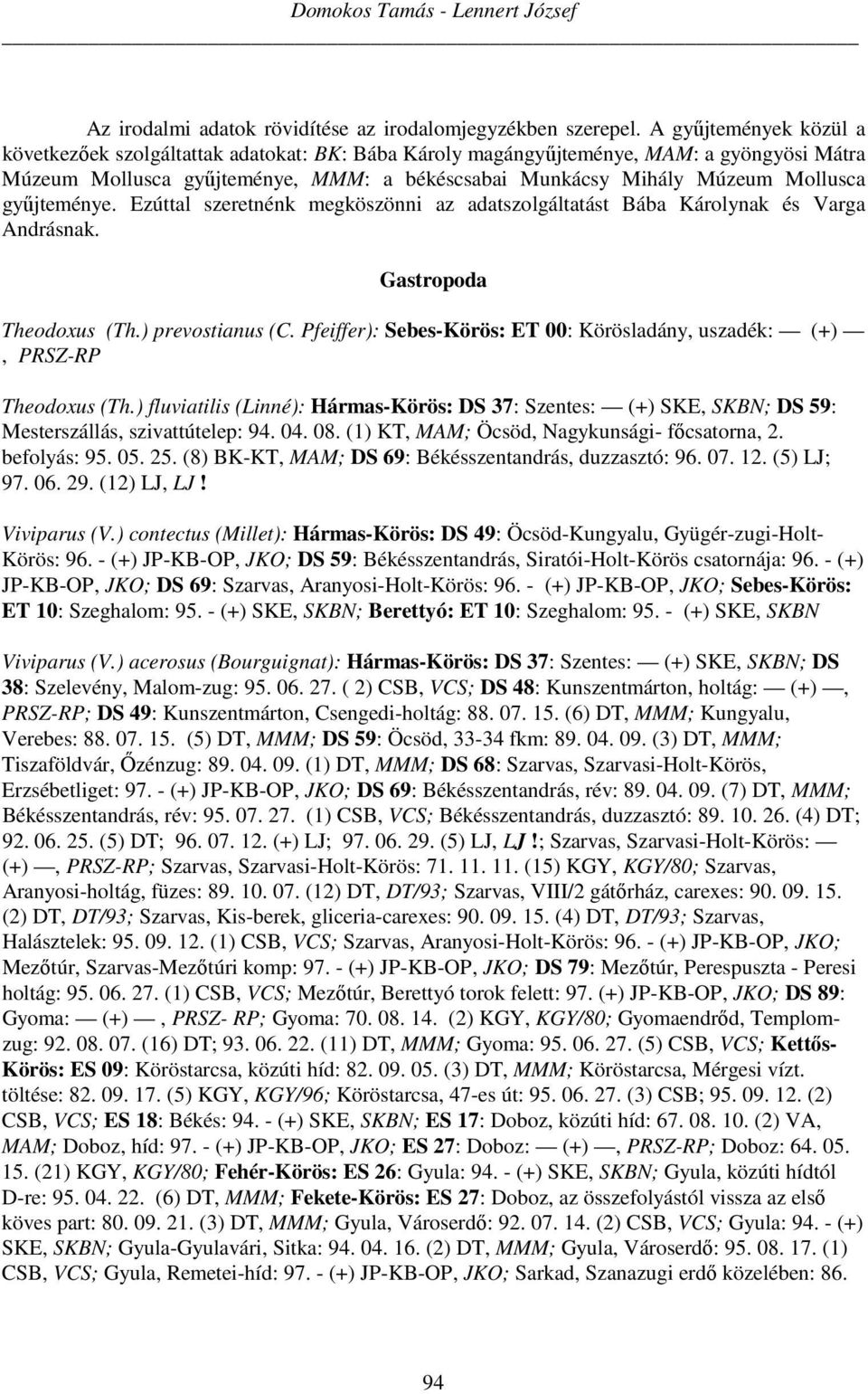 gyűjteménye. Ezúttal szeretnénk megköszönni az adatszolgáltatást Bába Károlynak és Varga Andrásnak. Gastropoda Theodoxus (Th.) prevostianus (C.