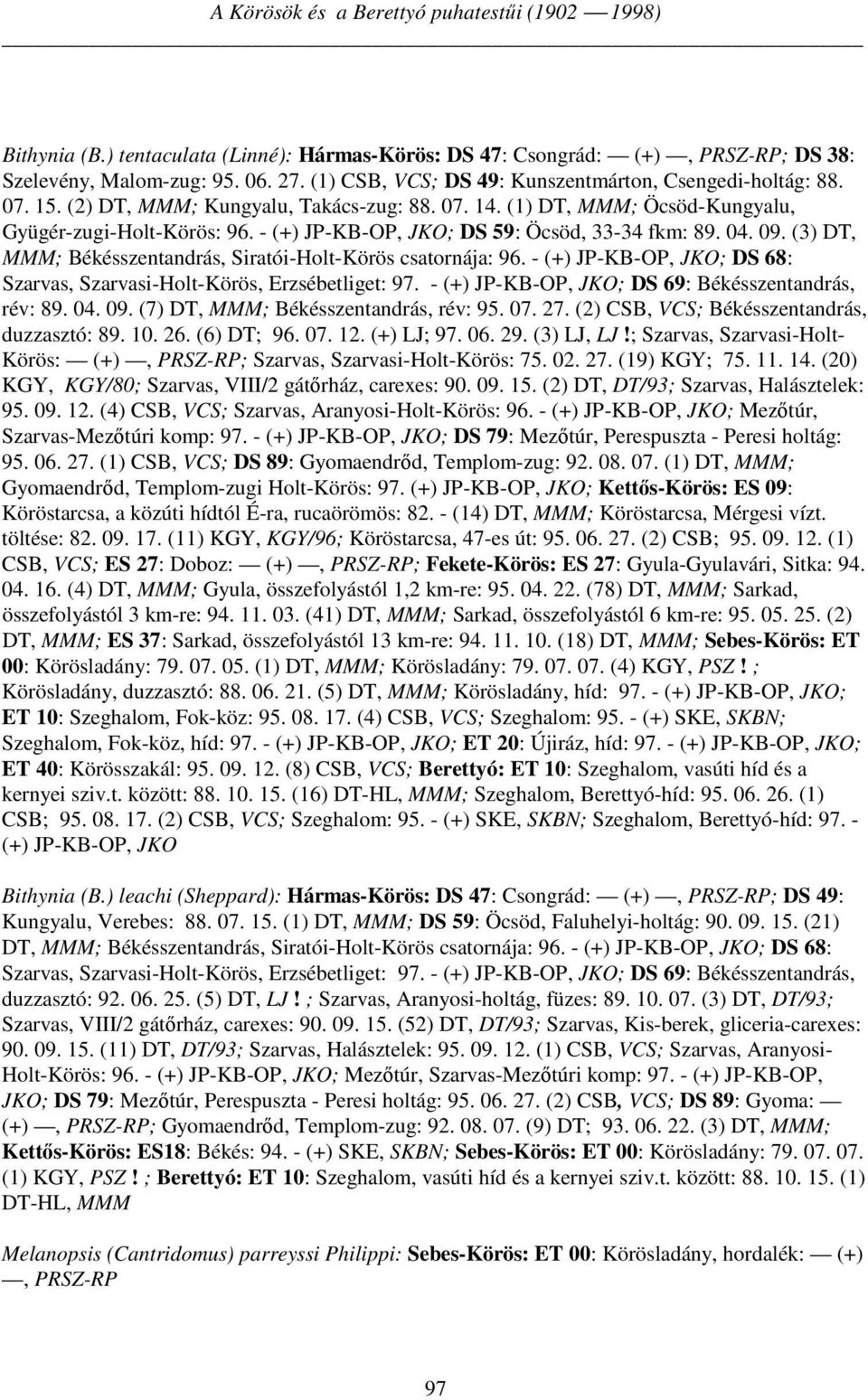 - (+) JP-KB-OP, JKO; DS 59: Öcsöd, 33-34 fkm: 89. 04. 09. (3) DT, MMM; Békésszentandrás, Siratói-Holt-Körös csatornája: 96. - (+) JP-KB-OP, JKO; DS 68: Szarvas, Szarvasi-Holt-Körös, Erzsébetliget: 97.