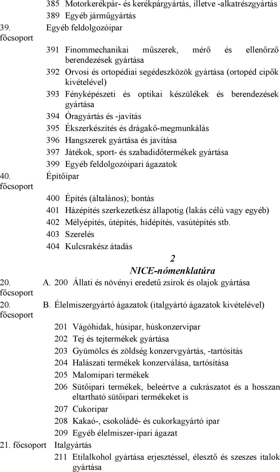 ortopédiai segédeszközök gyártása (ortopéd cipők kivételével) 393 Fényképészeti és optikai készülékek és berendezések gyártása 394 Óragyártás és -javítás 395 Ékszerkészítés és drágakő-megmunkálás 396