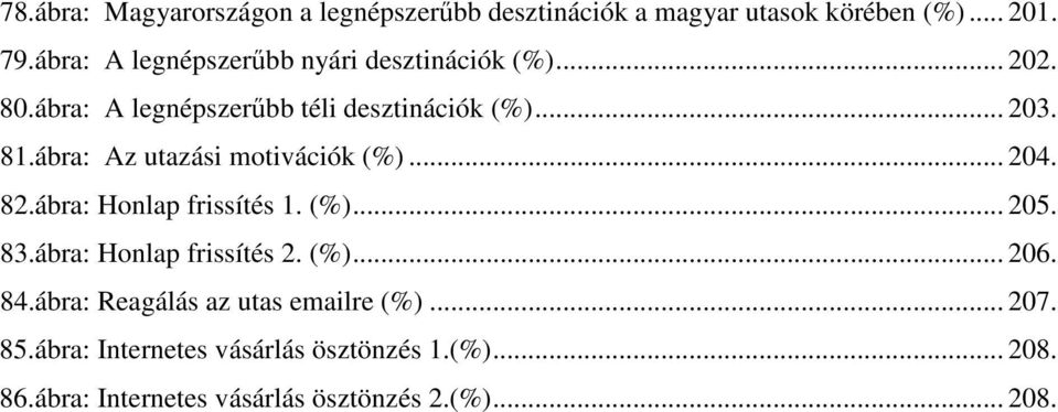 ábra: Az utazási motivációk (%)... 204. 82.ábra: Honlap frissítés 1. (%)... 205. 83.ábra: Honlap frissítés 2. (%)... 206.