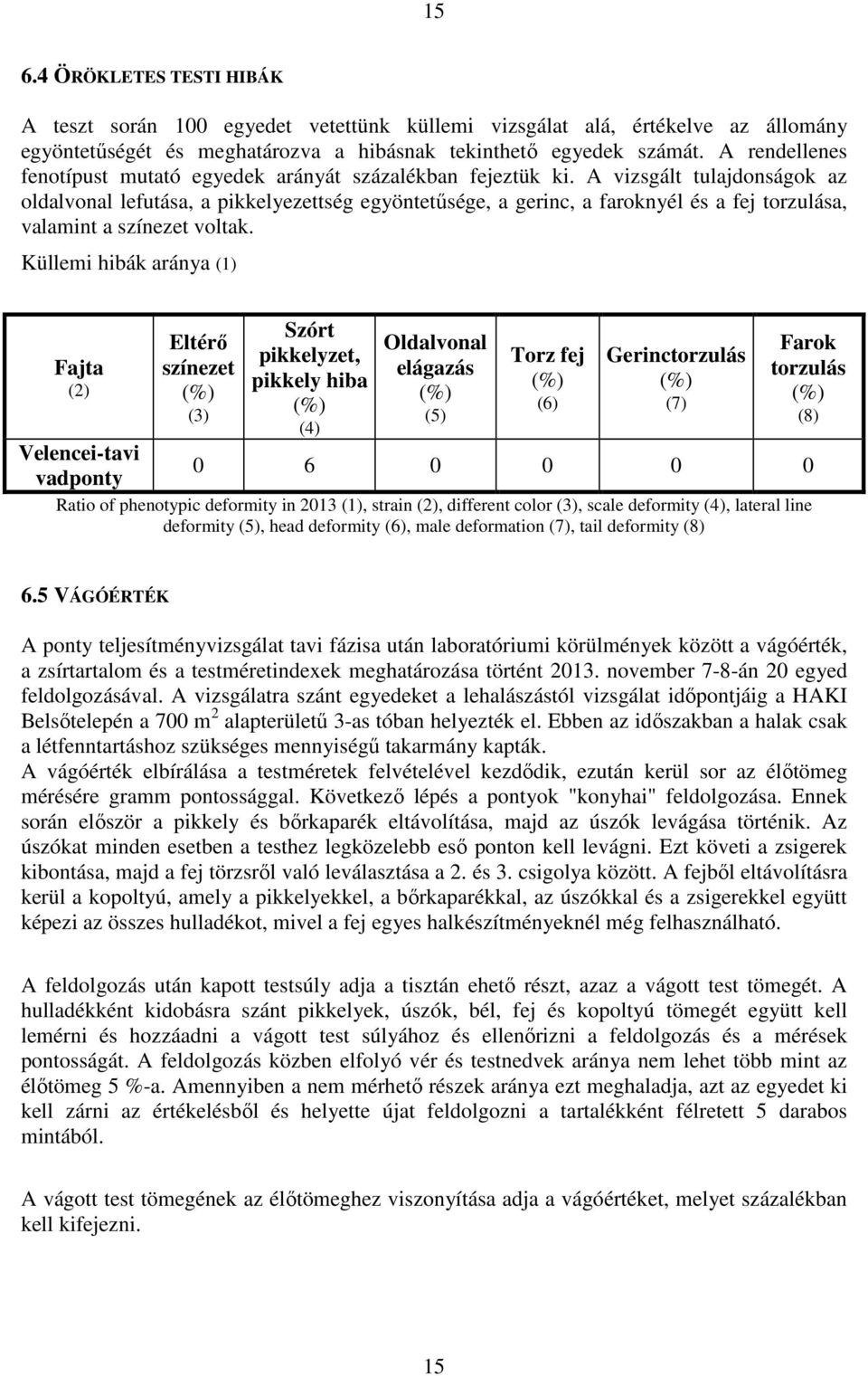 A vizsgált tulajdonságok az oldalvonal lefutása, a pikkelyezettség egyöntetűsége, a gerinc, a faroknyél és a fej torzulása, valamint a színezet voltak.