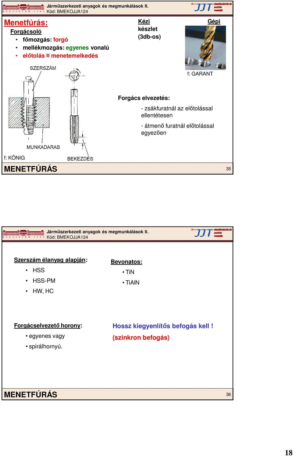 előtolással egyezően f: KÖNIG MENETFÚRÁS 35 Szerszám élanyag alapján: HSS HSS-PM HW, HC Bevonatos: TiN TiAlN