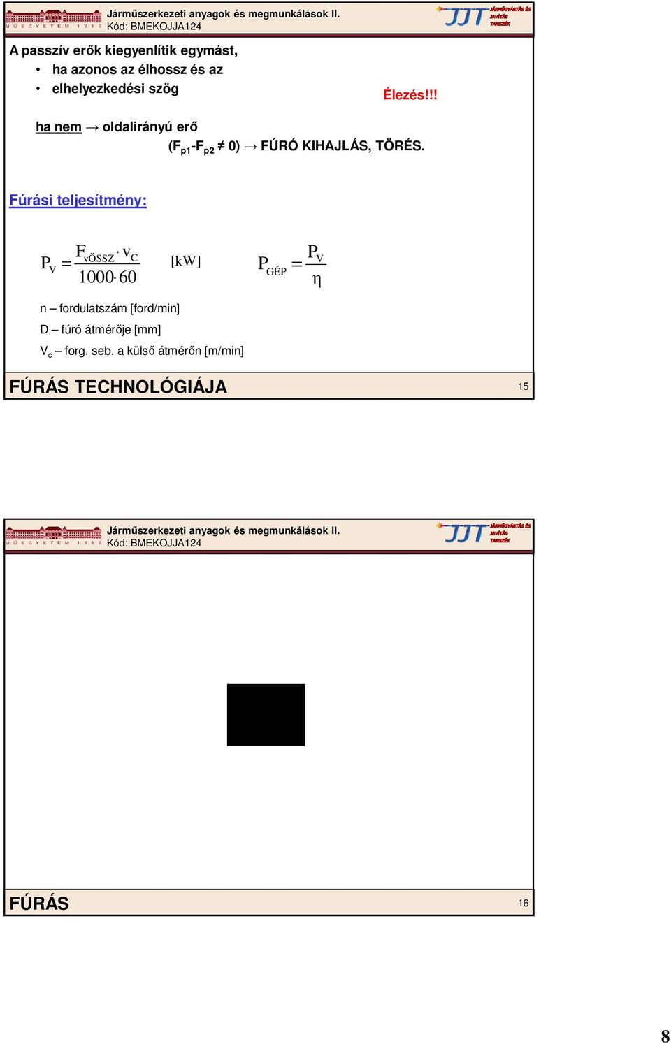 Fúrási teljesítmény: P F v vössz C V = [kw] 1000 60 P GÉP = PV η n fordulatszám