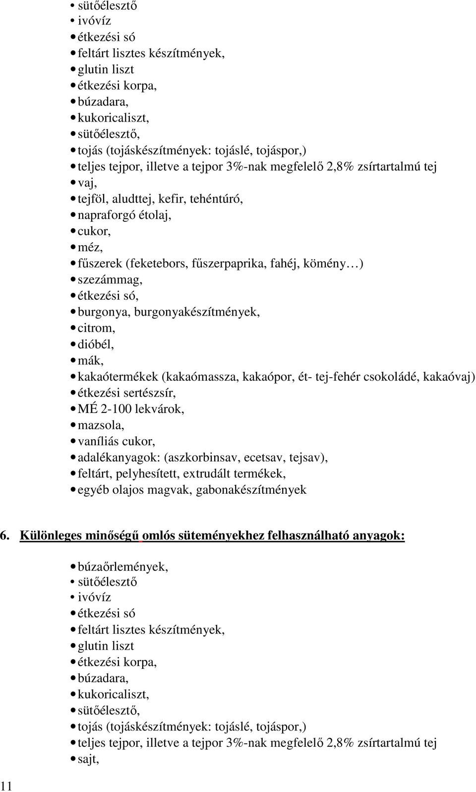 burgonya, burgonyakészítmények, citrom, dióbél, mák, kakaótermékek (kakaómassza, kakaópor, ét- tej-fehér csokoládé, kakaóvaj) étkezési sertészsír, MÉ 2-100 lekvárok, mazsola, vaníliás cukor,