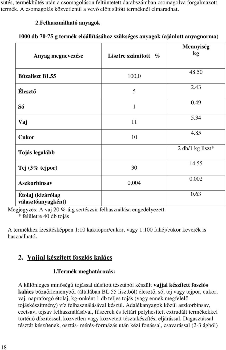 Cukor 10 Tojás legalább Tej (3% tejpor) 30 Aszkorbinsav 0,004 Étolaj (kizárólag választóanyagként) Megjegyzés: A vaj 20 %-áig sertészsír felhasználása engedélyezett. * felületre 40 db tojás 48.50 2.