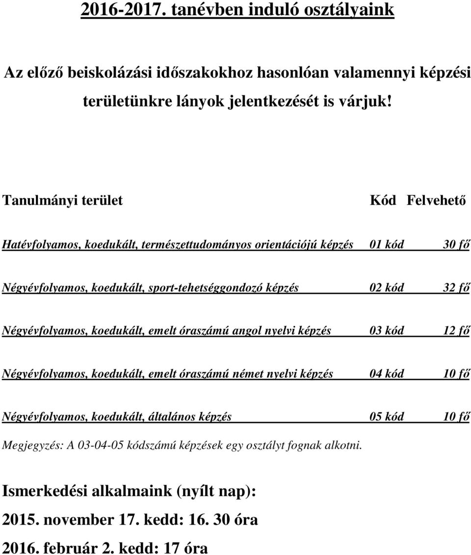 32 fő Négyévfolyamos, koedukált, emelt óraszámú angol nyelvi képzés 03 kód 12 fő Négyévfolyamos, koedukált, emelt óraszámú német nyelvi képzés 04 kód 10 fő Négyévfolyamos,