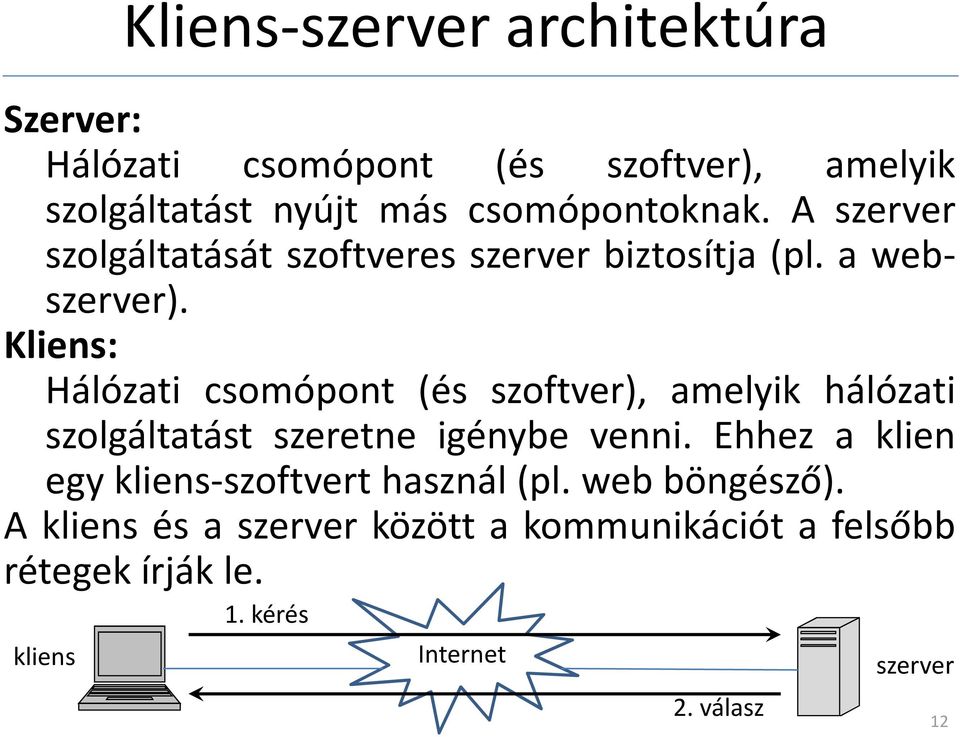 Kliens: Hálózati csomópont (és szoftver), amelyik hálózati szolgáltatást szeretne igénybe venni.