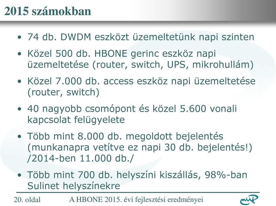 access eszköz napi üzemeltetése (router, switch) 40 nagyobb csomópont és közel 5.