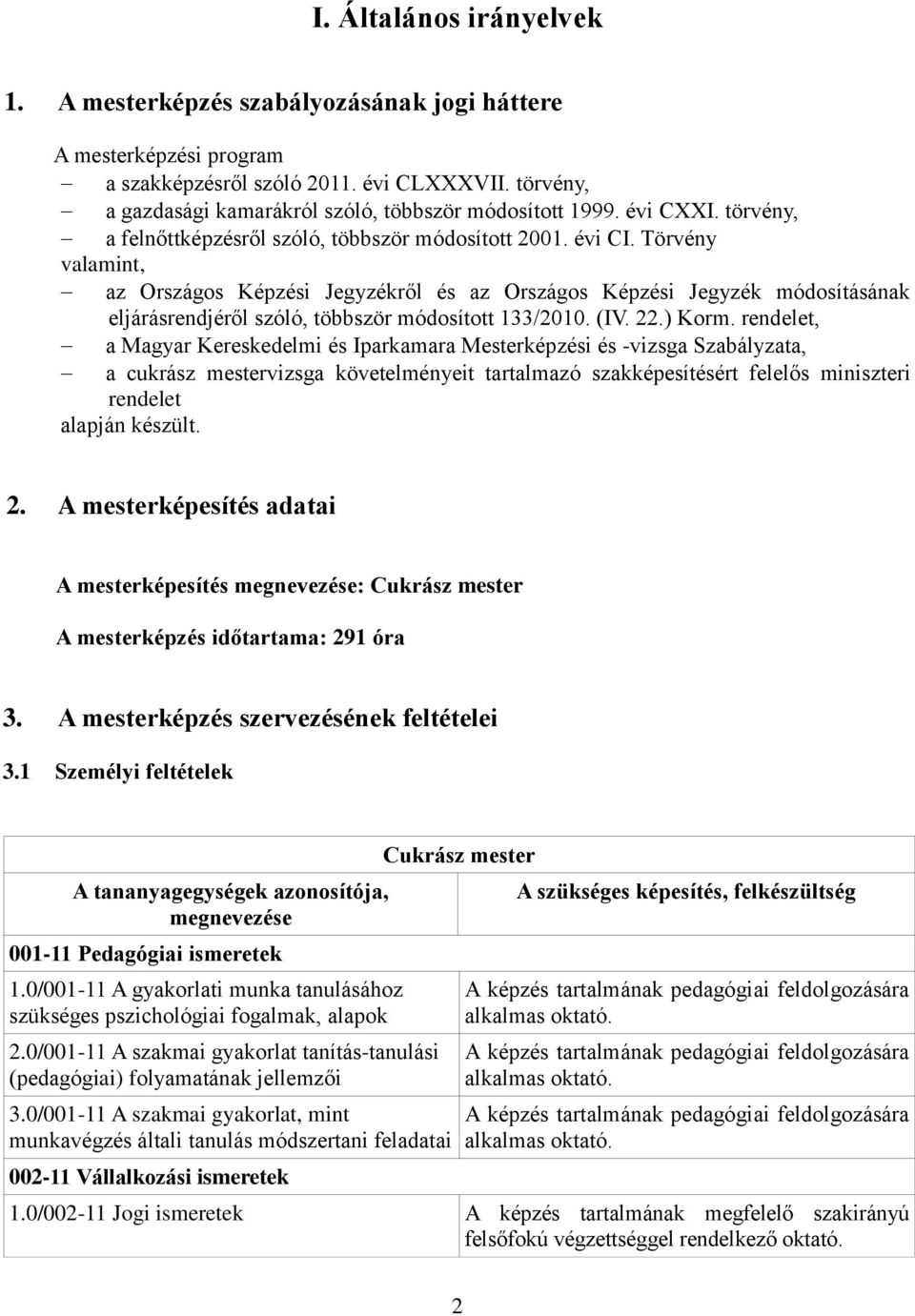 Törvény valamint, az Országos Képzési Jegyzékről és az Országos Képzési Jegyzék módosításának eljárásrendjéről szóló, többször módosított 133/2010. (IV. 22.) Korm.