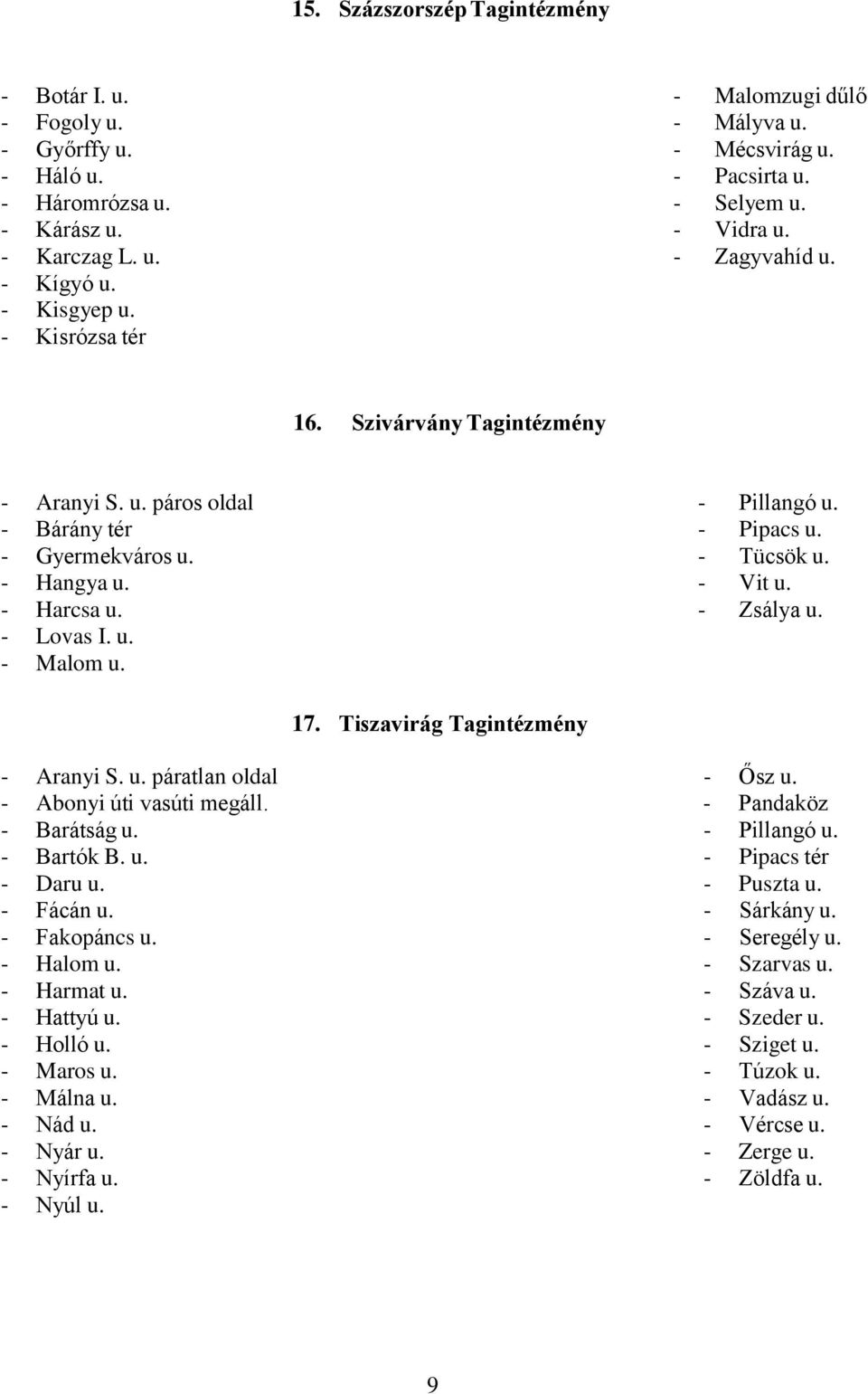 - Pillangó u. - Pipacs u. - Tücsök u. - Vit u. - Zsálya u. 17. Tiszavirág Tagintézmény - Aranyi S. u. páratlan oldal - Abonyi úti vasúti megáll. - Barátság u. - Bartók B. u. - Daru u. - Fácán u.